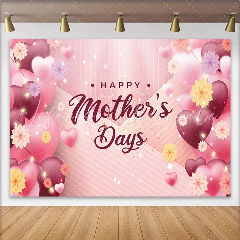 Lofaris Pink Happy Mothers Day Backdrop with Heart Balloons and Flowers Striped Background for Party Decoration