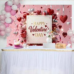 Lofaris Pink Happy Valentine’s Day Party Backdrop Featuring Red and Silver Hearts with Gift Boxes and Ribbons