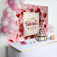 Lofaris Pink Happy Valentine’s Day Party Backdrop Featuring Red and Silver Hearts with Gift Boxes and Ribbons