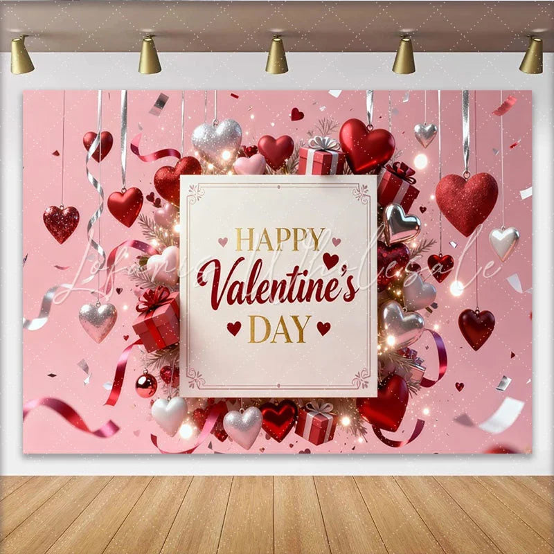 Lofaris Pink Happy Valentine’s Day Party Backdrop Featuring Red and Silver Hearts with Gift Boxes and Ribbons