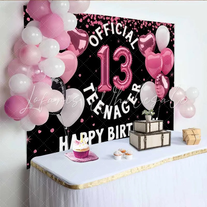 Lofaris Pink Heart Balloons 13th Birthday Backdrop Official 13 Teenager Girl Milestone Party Decoration