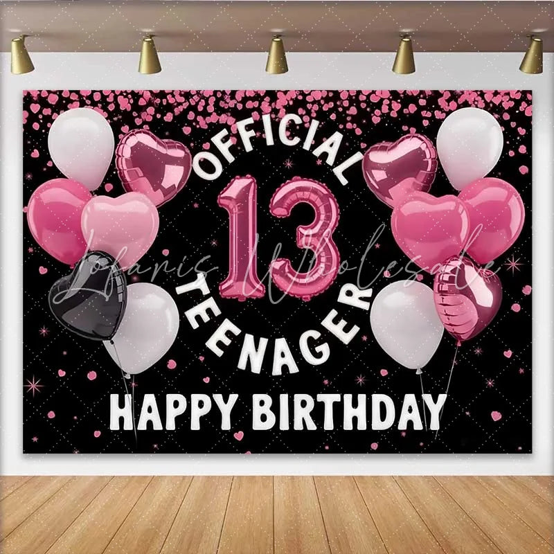 Lofaris Pink Heart Balloons 13th Birthday Backdrop Official 13 Teenager Girl Milestone Party Decoration