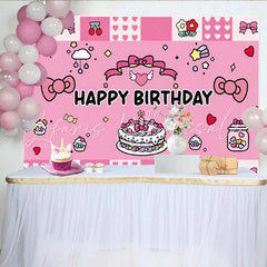 Lofaris Pink Kawaii Bow Happy Birthday Backdrop Cute Cake Cherries and Stars Party Background