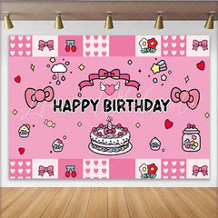 Lofaris Pink Kawaii Bow Happy Birthday Backdrop Cute Cake Cherries and Stars Party Background
