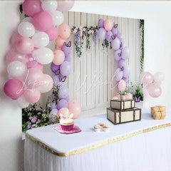 Lofaris Pink Lavender Butterfly Baby Shower Backdrop with Wooden Arch Elegant Photo Booth Prop for Girls Party Decor