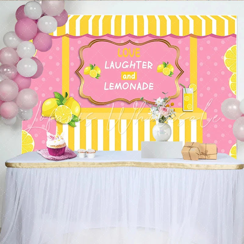Lofaris Pink Lemonade Stand Photography Backdrop with Polka Dots and Yellow Stripes Love Laughter and Lemonade Sign for Summer Party Decor