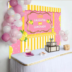 Lofaris Pink Lemonade Stand Photography Backdrop with Polka Dots and Yellow Stripes Love Laughter and Lemonade Sign for Summer Party Decor