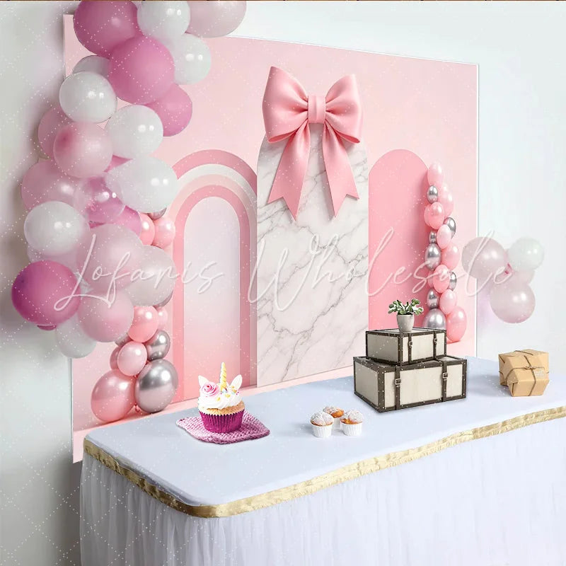 Lofaris Pink Marble Arch Birthday Backdrop with Balloons and Bow Elegant Party Background for Girls Photoshoot and Celebration
