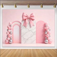 Lofaris Pink Marble Arch Birthday Backdrop with Balloons and Bow Elegant Party Background for Girls Photoshoot and Celebration