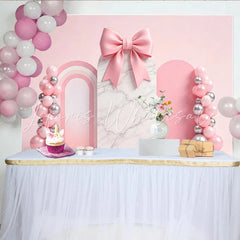 Lofaris Pink Marble Arch Birthday Backdrop with Balloons and Bow Elegant Party Background for Girls Photoshoot and Celebration