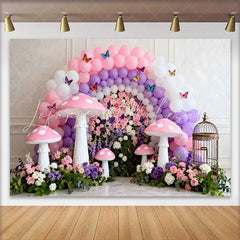 Lofaris Pink Mushroom and Floral Wall Spring Backdrop Purple Balloon Arch Butterfly Birthday Party Background