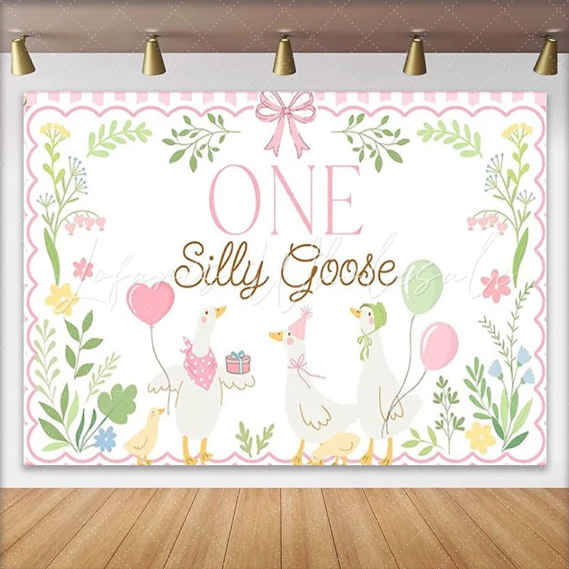 Lofaris Pink ONE Silly Goose Birthday Backdrop with Cute Geese and Balloons Whimsical First Birthday Party Decor