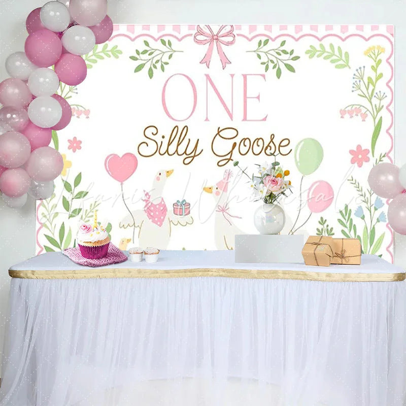 Lofaris Pink ONE Silly Goose Birthday Backdrop with Cute Geese and Balloons Whimsical First Birthday Party Decor