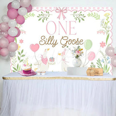 Lofaris Pink ONE Silly Goose Birthday Backdrop with Cute Geese and Balloons Whimsical First Birthday Party Decor