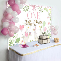 Lofaris Pink ONE Silly Goose Birthday Backdrop with Cute Geese and Balloons Whimsical First Birthday Party Decor