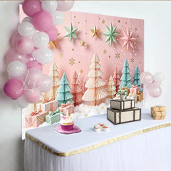 Lofaris Pink Pastel Christmas Backdrop with Paper Trees and Hanging Stars Elegant Winter Holiday Background for Photoshoot