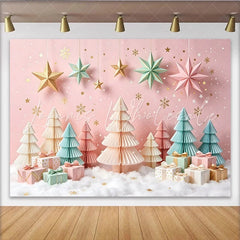Lofaris Pink Pastel Christmas Backdrop with Paper Trees and Hanging Stars Elegant Winter Holiday Background for Photoshoot