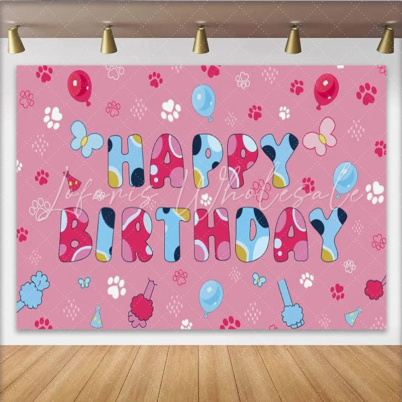 Lofaris Pink Paw Prints Happy Birthday Backdrop Cute Puppy Theme Balloons Party Background