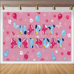 Lofaris Pink Paw Prints Happy Birthday Backdrop Cute Puppy Theme Balloons Party Background