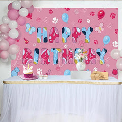 Lofaris Pink Paw Prints Happy Birthday Backdrop Cute Puppy Theme Balloons Party Background