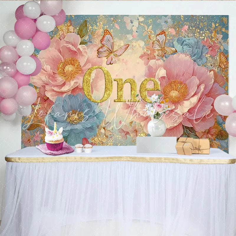 Lofaris Pink Peony First Birthday Photography Backdrop Glitter ONE and Blue Floral Photo Background