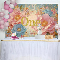 Lofaris Pink Peony First Birthday Photography Backdrop Glitter ONE and Blue Floral Photo Background