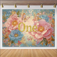 Lofaris Pink Peony First Birthday Photography Backdrop Glitter ONE and Blue Floral Photo Background