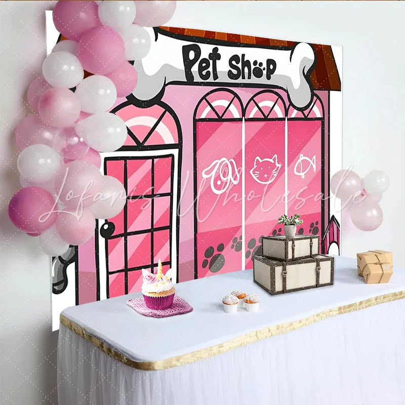 Lofaris Pink Pet Shop Cartoon Birthday Backdrop with Dog and Cat Adorable Animal Theme Party Decor for Children’s Photoshoot
