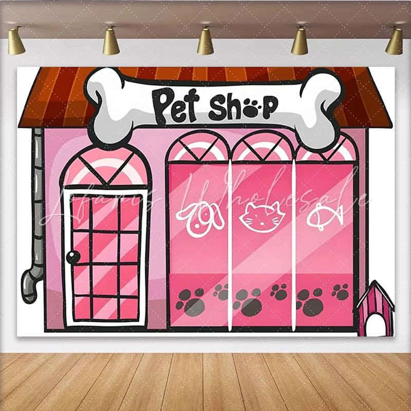 Lofaris Pink Pet Shop Cartoon Birthday Backdrop with Dog and Cat Adorable Animal Theme Party Decor for Children’s Photoshoot