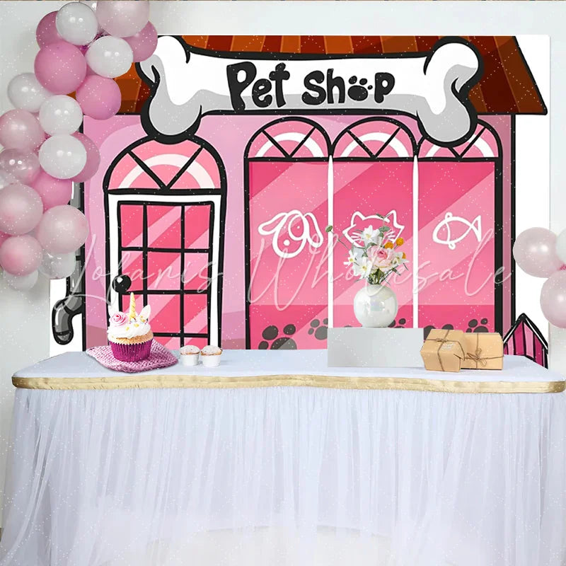 Lofaris Pink Pet Shop Cartoon Birthday Backdrop with Dog and Cat Adorable Animal Theme Party Decor for Children’s Photoshoot
