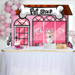 Lofaris Pink Pet Shop Cartoon Birthday Backdrop with Dog and Cat Adorable Animal Theme Party Decor for Children’s Photoshoot