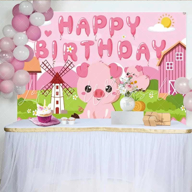 Lofaris Pink Pig Farm Birthday Backdrop Cute Piggy and Windmill Party Decoration for Little Girls