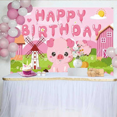 Lofaris Pink Pig Farm Birthday Backdrop Cute Piggy and Windmill Party Decoration for Little Girls