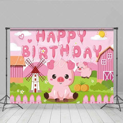 Lofaris Pink Pig Farm Birthday Backdrop Cute Piggy and Windmill Party Decoration for Little Girls