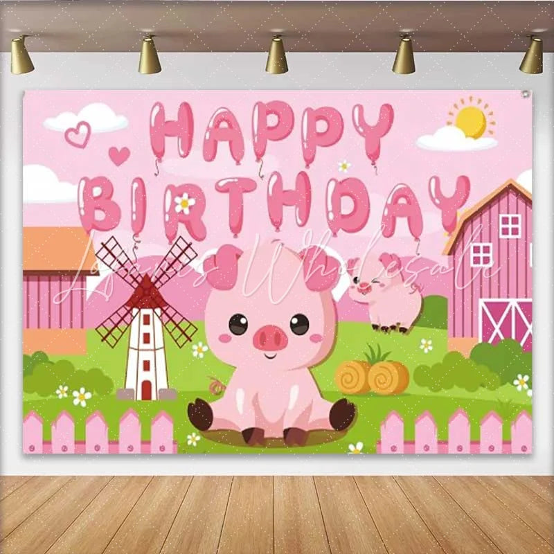 Lofaris Pink Pig Farm Birthday Backdrop Cute Piggy and Windmill Party Decoration for Little Girls