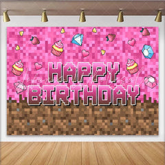 Lofaris Pink Pixel Game Birthday Backdrop with Cupcakes and Diamonds Block Style Party Background for Girls Photoshoot