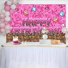 Lofaris Pink Pixel Game Birthday Backdrop with Cupcakes and Diamonds Block Style Party Background for Girls Photoshoot