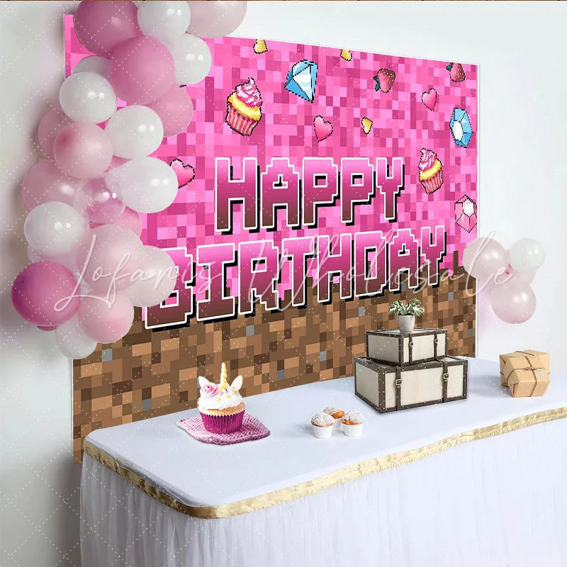 Lofaris Pink Pixel Game Birthday Backdrop with Cupcakes and Diamonds Block Style Party Background for Girls Photoshoot