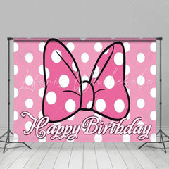 Lofaris Pink Polka Dot Birthday Backdrop Cartoon Mouse Bow Happy Birthday Background for Girl Cute Princess Party Banner