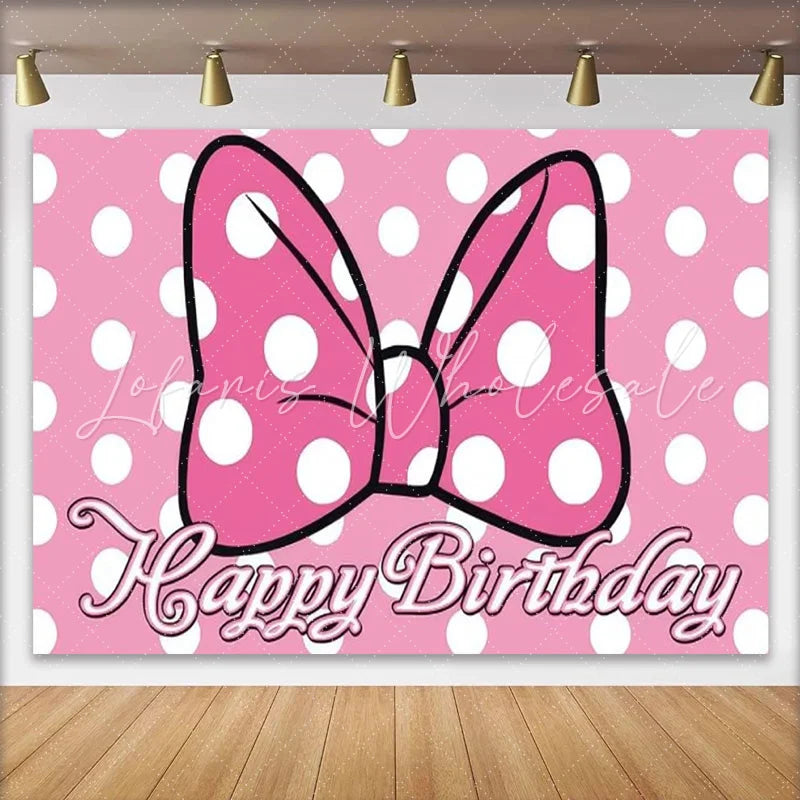 Lofaris Pink Polka Dot Birthday Backdrop Cartoon Mouse Bow Happy Birthday Background for Girl Cute Princess Party Banner