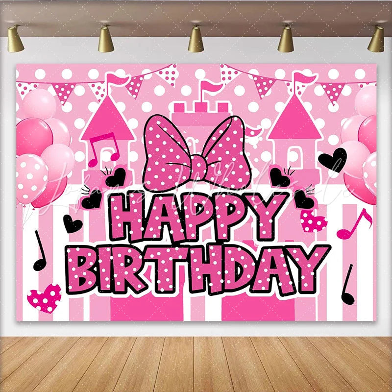 Lofaris Pink Polka Dot Birthday Backdrop with Castle Balloons and Cute Bow Party Decor for Girls Photoshoot