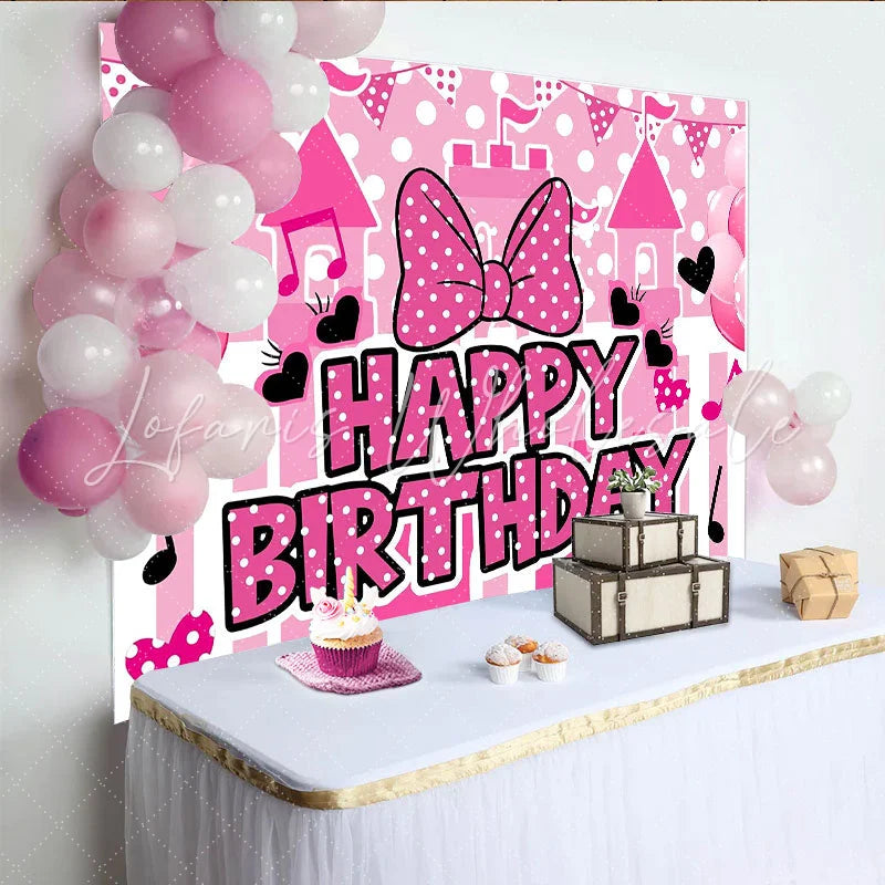 Lofaris Pink Polka Dot Birthday Backdrop with Castle Balloons and Cute Bow Party Decor for Girls Photoshoot