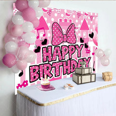 Lofaris Pink Polka Dot Birthday Backdrop with Castle Balloons and Cute Bow Party Decor for Girls Photoshoot