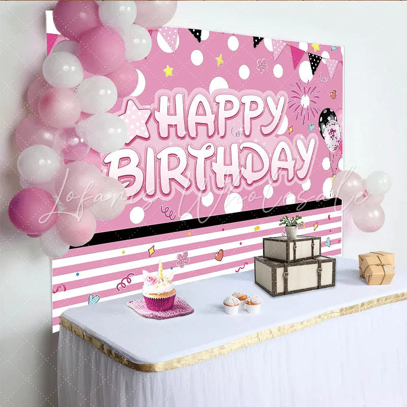 Lofaris Pink Polka Dot Happy Birthday Party Backdrop with Balloons and Bunting Festive Photo Background for Girls Celebration