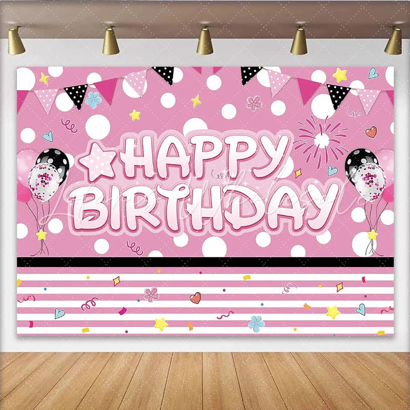 Lofaris Pink Polka Dot Happy Birthday Party Backdrop with Balloons and Bunting Festive Photo Background for Girls Celebration