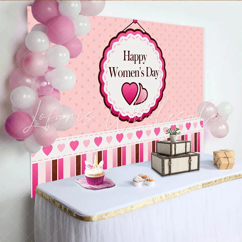 Lofaris Pink Polka Dot Happy Womens Day Backdrop Heart and Stripes Celebration Background
