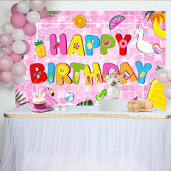 Lofaris Pink Pool Party Birthday Backdrop with Colorful Letters and Floats Vibrant Tropical Photo Background for Kids Party Decor