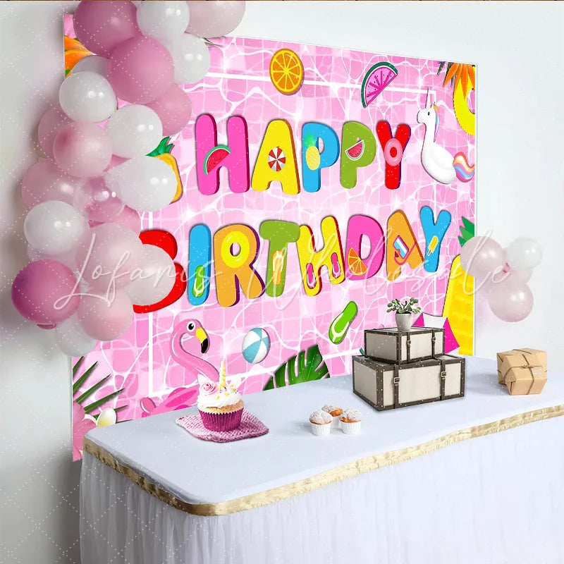 Lofaris Pink Pool Party Birthday Backdrop with Colorful Letters and Floats Vibrant Tropical Photo Background for Kids Party Decor