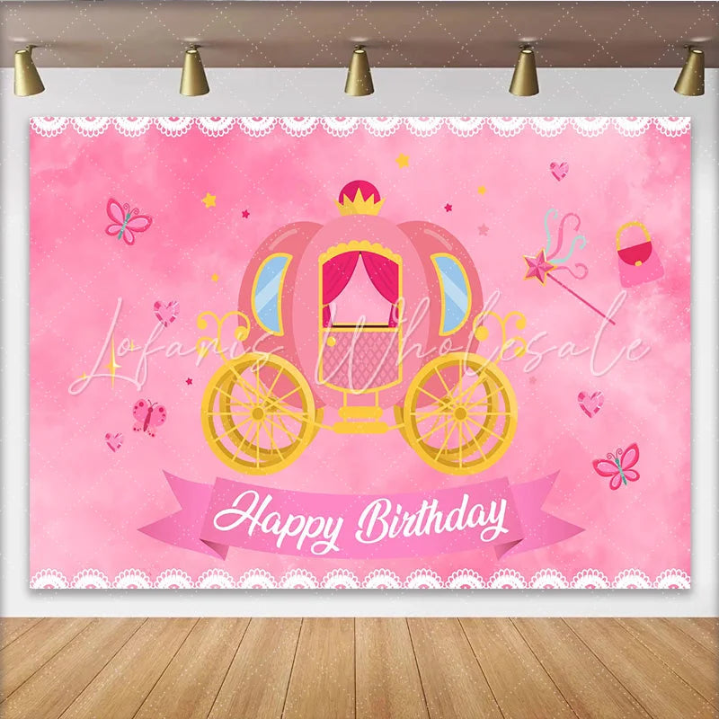 Lofaris Pink Princess Carriage Birthday Backdrop Magical Fairy Tale Party Background with Butterfly and Wand