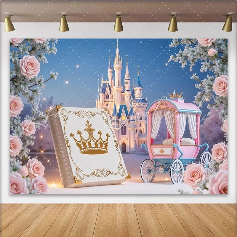 Lofaris Pink Princess Castle Birthday Backdrop with Carriage and Roses Fairytale Photography Background for Girls Party Decor